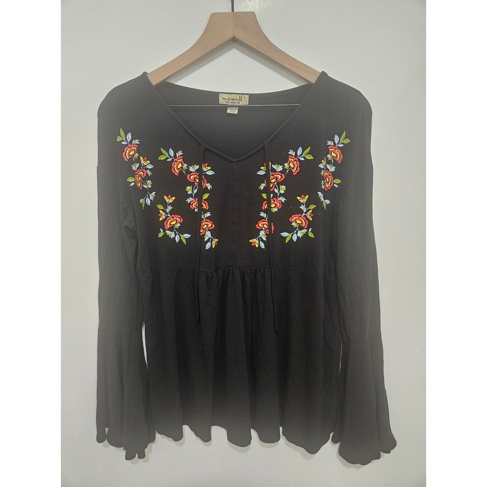 One World Womens Black Floral Embroidered Bell Sleeve Boho Peplum Top Large